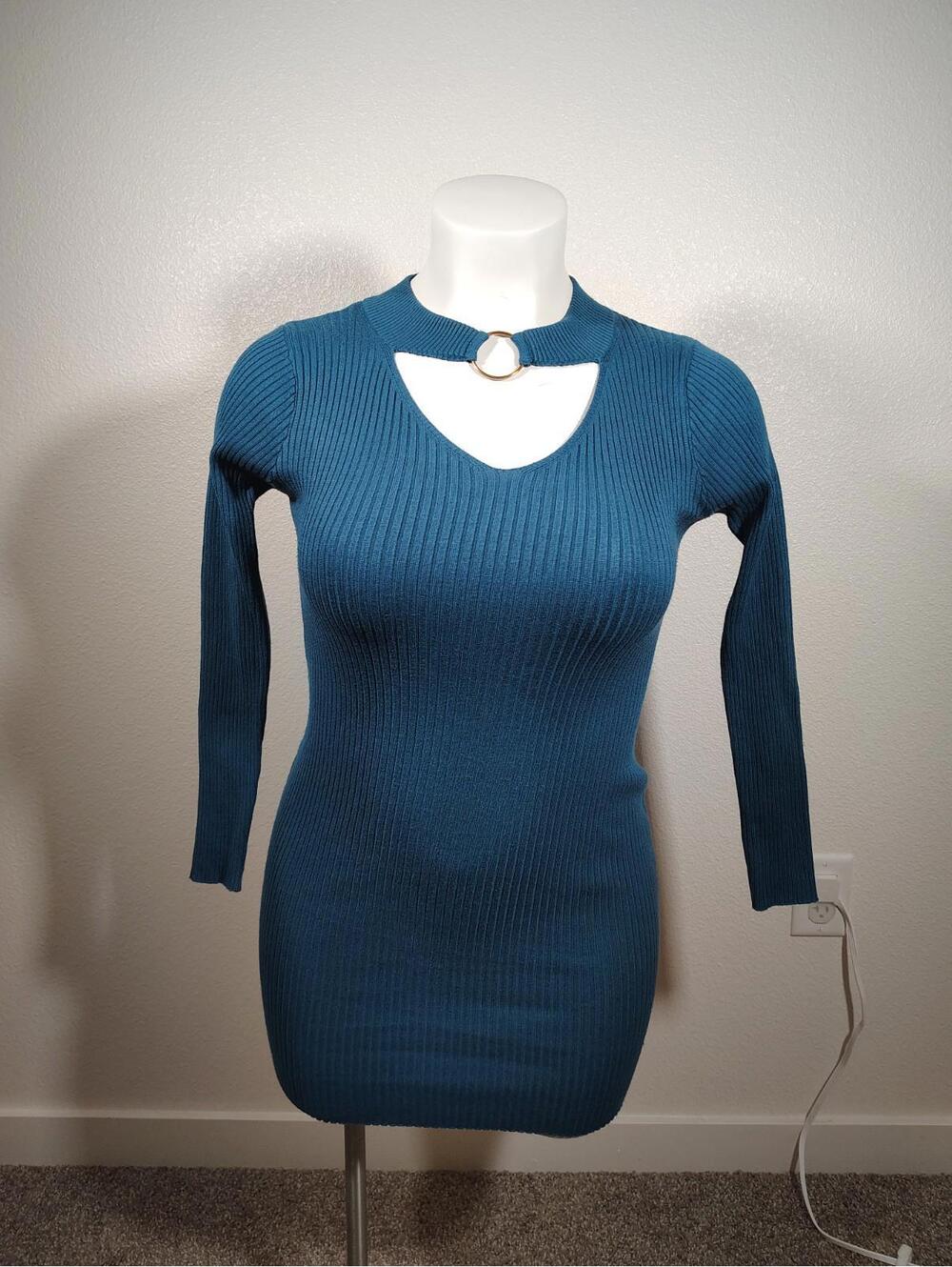 Blue Bodycon Sweater knit Stripped dress Feminine Long Sleve Say What? Sz L